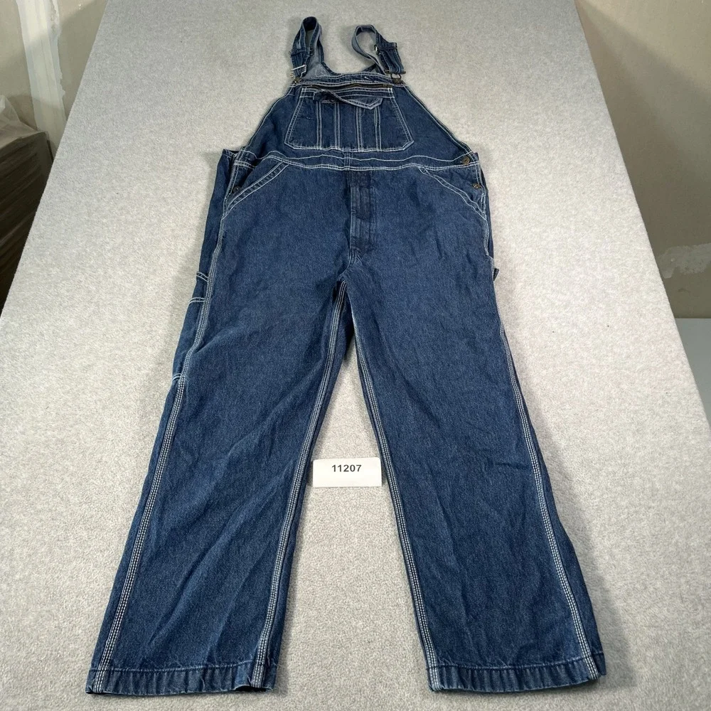 REAL WORK Bib Overalls Mens 40x30 Blue Denim Dungarees Workwear Casual Carpenter